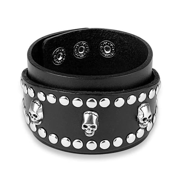 (Sort) Armbånd - Læder - Herre - Stor - Kranier - Bikerstil