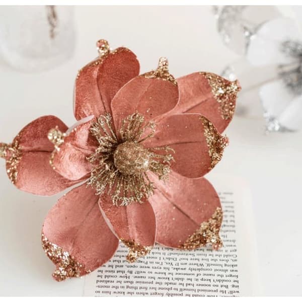 Julepynt - Sæt med 6 - Glitrende Magnolia - Pink Fløjl - 20 cm