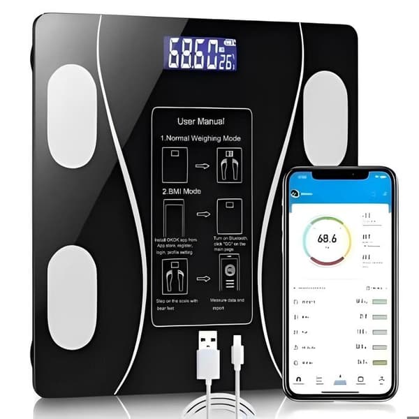 (Sort-sort) Impedansmåler Kropsfedtvægt, Smart Bluetooth Kropsfedtvægt, USB-opladning med 19 kropsdata til iOS/Android