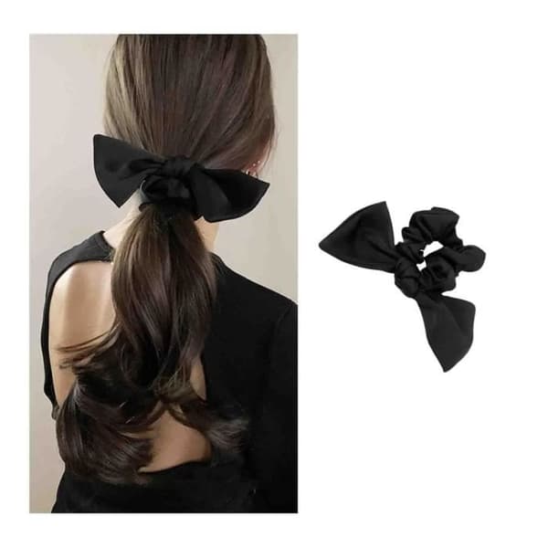 Satin scrunchie rep elastiskt sidenband svart rosettknut hästsvans hårrep siden satin