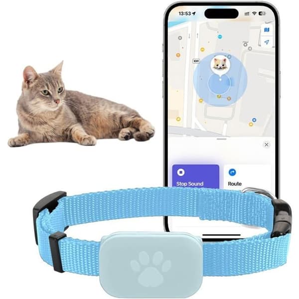 GPS-halsbånd til hund/kat, til Apple Find (kompatibel med iOS/Android) blå