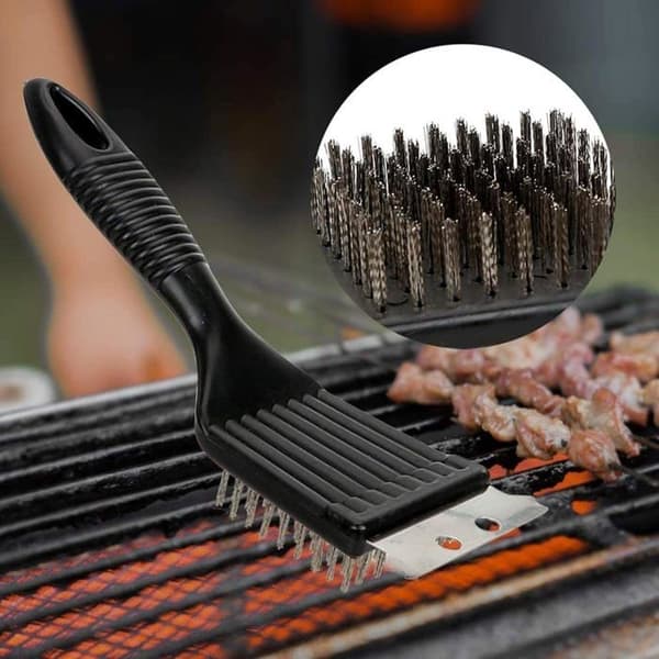Grillbørste, 4-delt BBQ-grillrensebørstesæt med rustfri stålspatel, sort