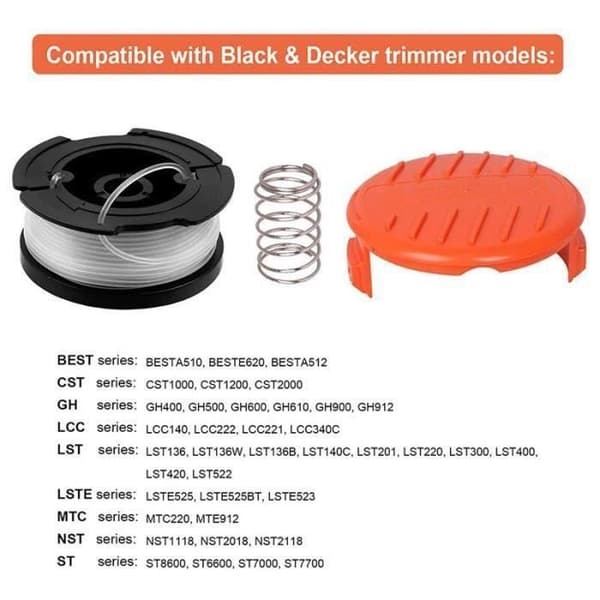 (hvitt) Spoleutskiftningssett - BLACK & DECKER - 8 deler - Utskiftingstråd - Spolehette - Fjær