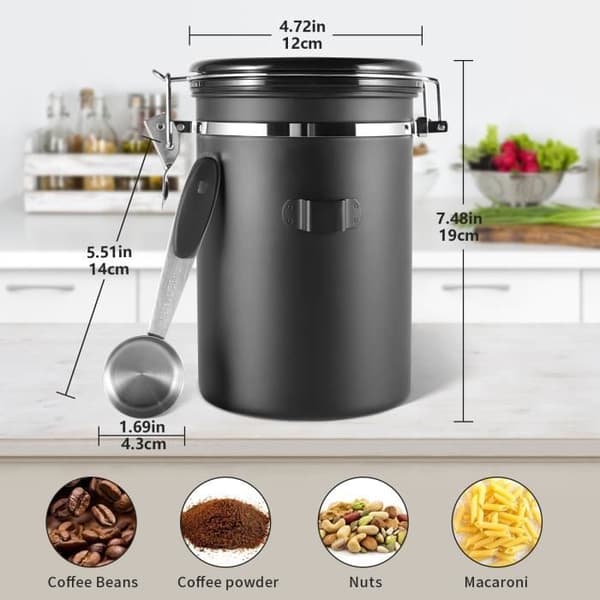 (sort) 1,8L lufttæt kaffekande i rustfrit stål til kaffebønnebeholder - sort