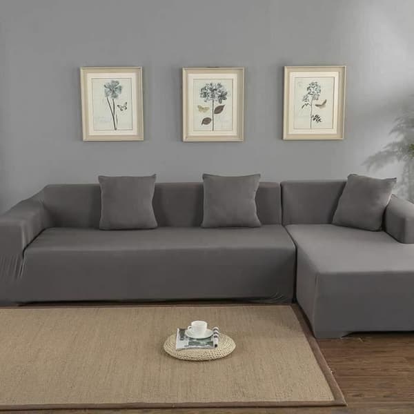 (Grått) Stretchigt sofföverdrag - Grått - 3 + 2-sits L-format hörn - Polyester - Skyddande sofföverdrag