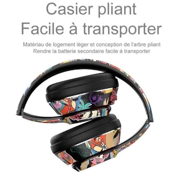 (Sort) Graffiti Sammenklappeligt Trådløst Bluetooth Stereo Headset med LED Lys,