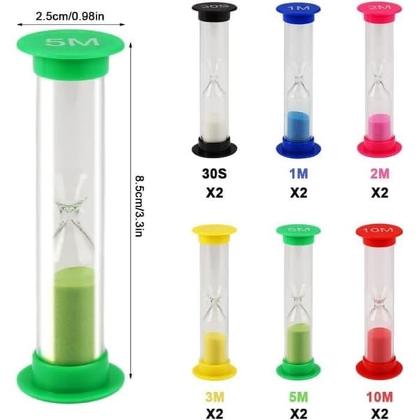 12 stk. timeglas, farverige timeglas, 30 sekunder, 1 minut, 2 minutter, 3 minutter, 5 minutter, 10 minutter, børnetimeglas