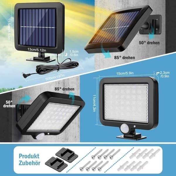 2 stk. 56 LED utendørs solcellelamper med bevegelsessensor - IP65 vanntett - 3 moduser