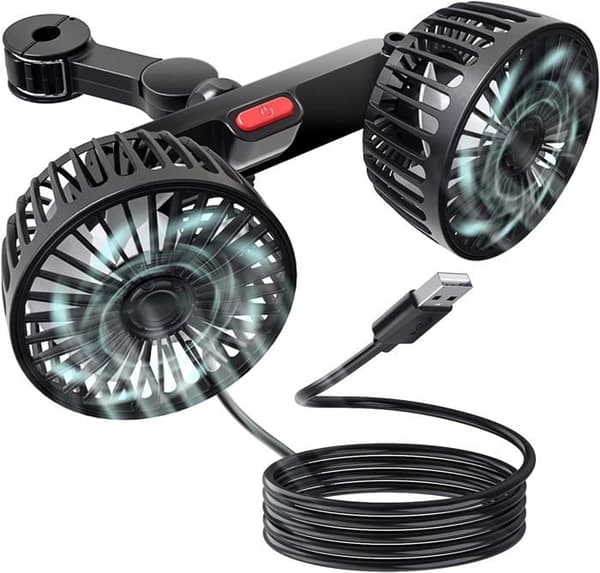 5V 2A dobbelt hoved bilventilator - USB-ventilatorkøler med 3 hastigheder 360° roterbar