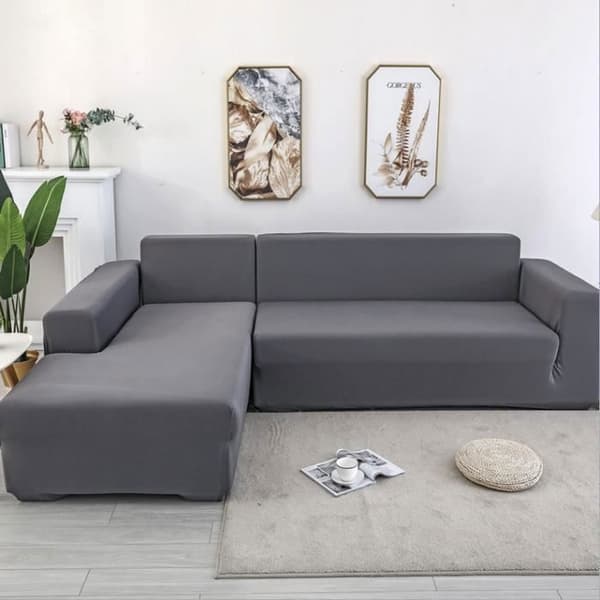 (Grått) L-format hörnsofföverdrag - Polyester - Grå - 3+2-sits - Tvättbart