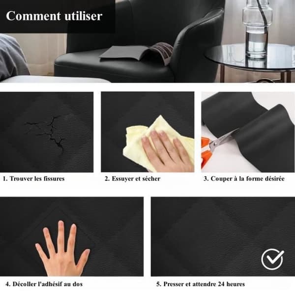 100 x 137 cm selvklæbende læderreparationslap til bilsæder, sofaer, møbler, jakker, håndtasker - sort