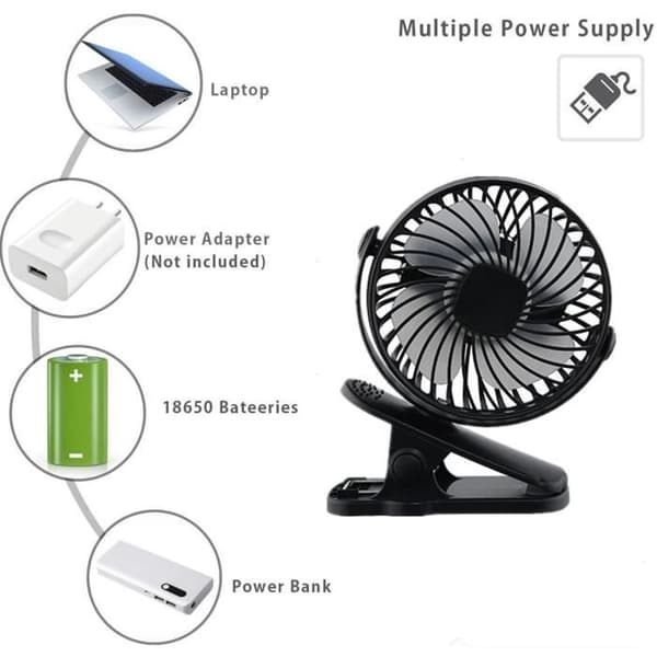 Stille klipsventilator, USB genopladelig 360° stationær lydløs klipsventilator til barnevognscamping