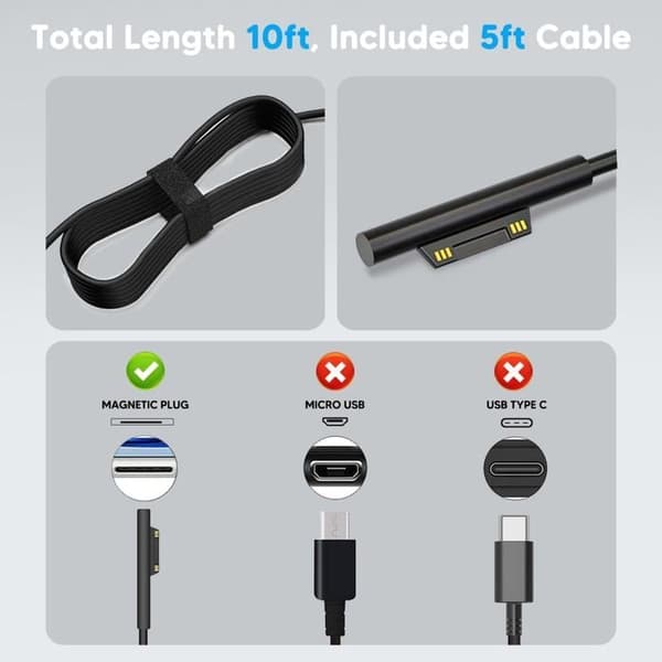65W lader, kompatibel med Surface Pro 3/4/5/6/7, Surface Go 2/1, Microsoft Surface Book/Notebook/Nettbrett, USB