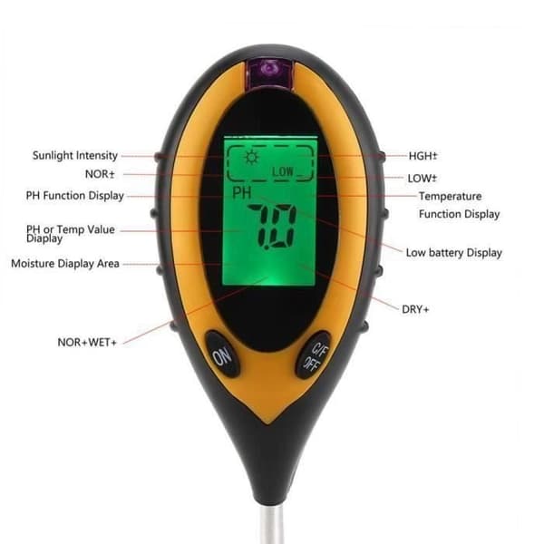 4-i-1 LCD digital jordmätare: Vatten, växtfuktning, pH, temperatur, solljus Aa24612