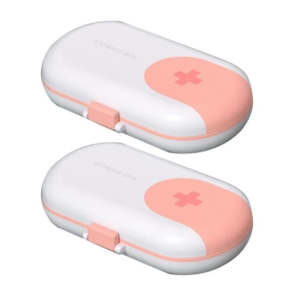 Sett med 2 kompakte og bærbare pilleholdere, hvit/rosa