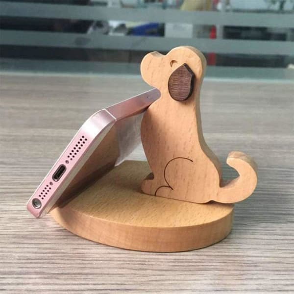 Træpenholder, mini telefonholder til hund, bordstativ, smartphone-vugge