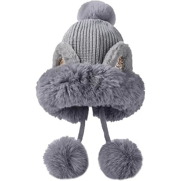 (Grå) Dam vintermössa med varm grå pälspompom - Fluffig stickad skidmössa med