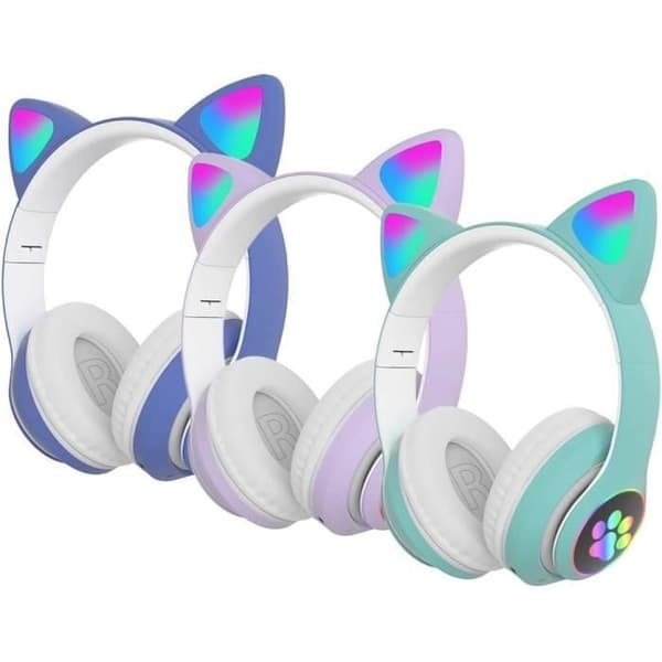 (Blå) Søde Trådløse Gaming Headset med Katteører til Piger - Stereostøjreducerende -