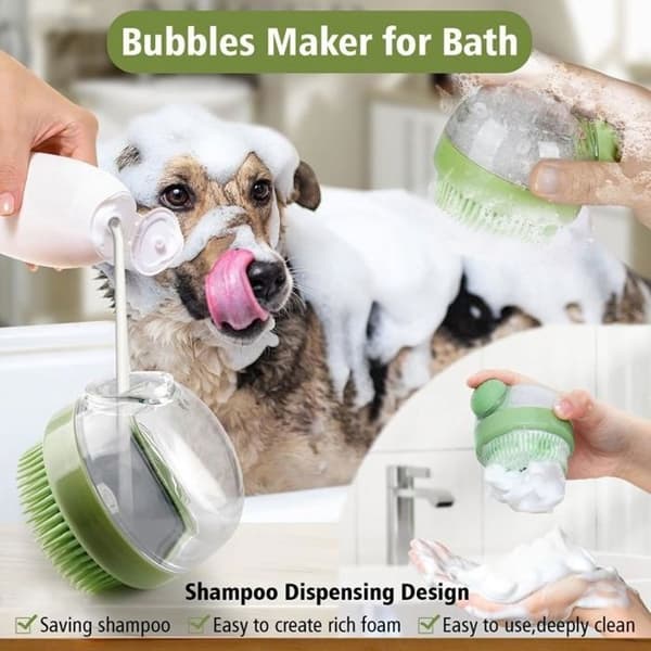 Hundebadebørste, pleje, massageshampoo, badebørste med sæbedispenser, bløde silikonebørster,