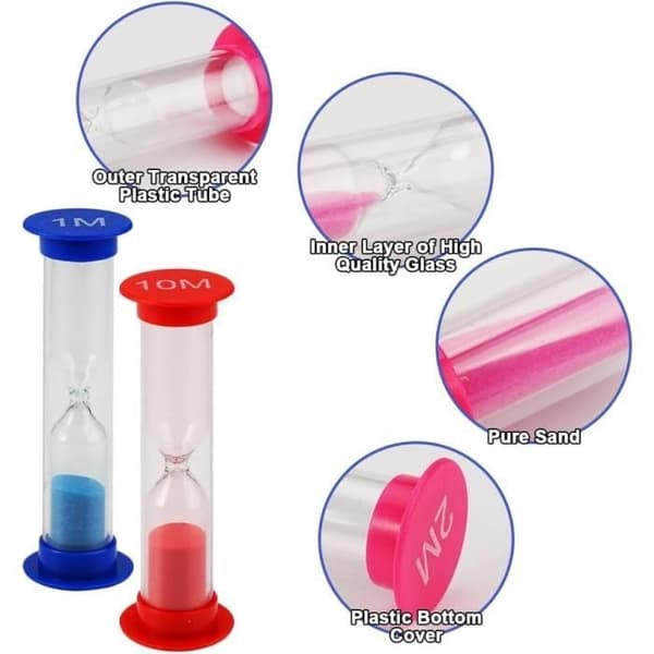 12 stk. timeglas, farverige timeglas, 30 sekunder, 1 minut, 2 minutter, 3 minutter, 5 minutter, 10 minutter, børnetimeglas