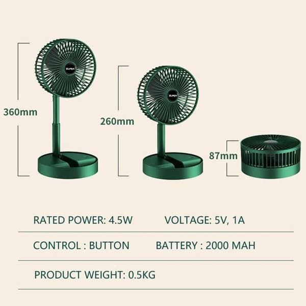 Sammenklappelig bærbar ventilator - 123 - Stående - 3 hastigheder - 2000 mAh