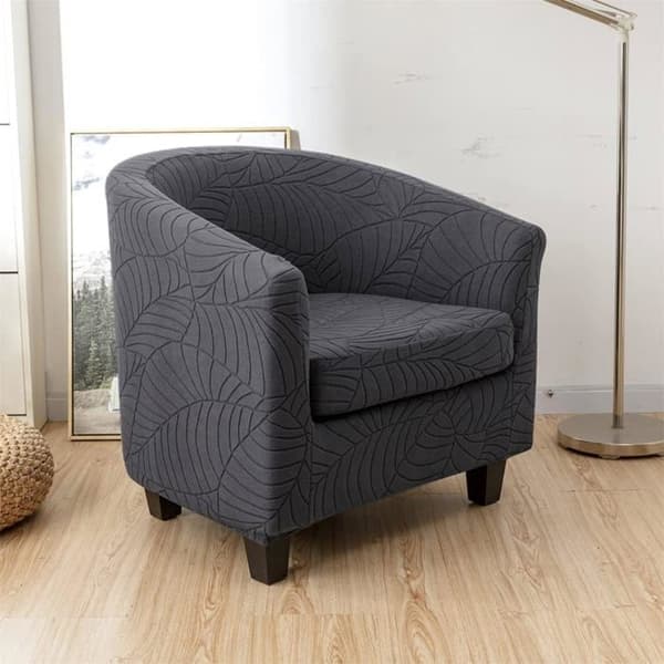 Trekk til sofa i bladjacquard, klubbstoltrekk - høy elastisitet - avtakbart og vaskbart - mørkegrå