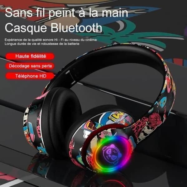 (Svart) Graffiti Sammenleggbart Trådløst Bluetooth Stereo Headset med LED-lys,