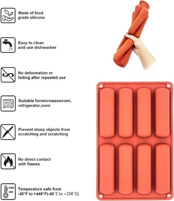 Sett med 2 silikonbakeformer, financier-form, éclair-form, mini-kubeform, silikonform med 8 hulrom,