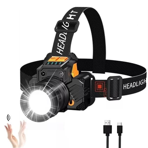 USB-oppladbar LED-hodelykt 2600 mAh, 6 LED-moduser, sensor og nødstrømforsyning, justerbar hodelykt