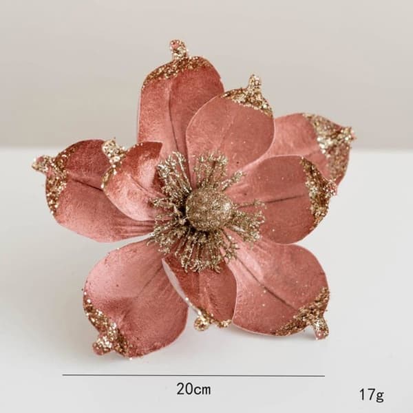 Julepynt - Sæt med 6 - Glitrende Magnolia - Pink Fløjl - 20 cm