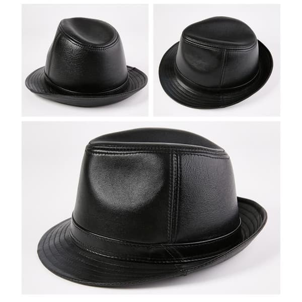 (Sort-xxl) Herre Panama Fedora flad læderhat - Sort