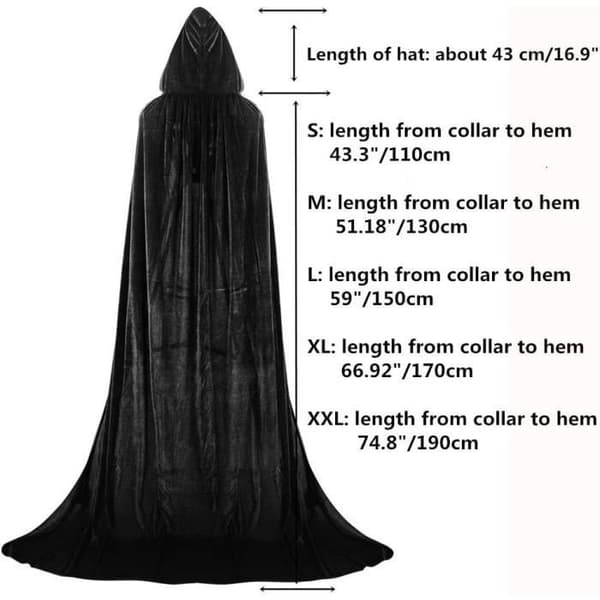 (Sort) Lang fløjlskappe med hætte til voksne - Halloween-kostume - Sort - Størrelse XL