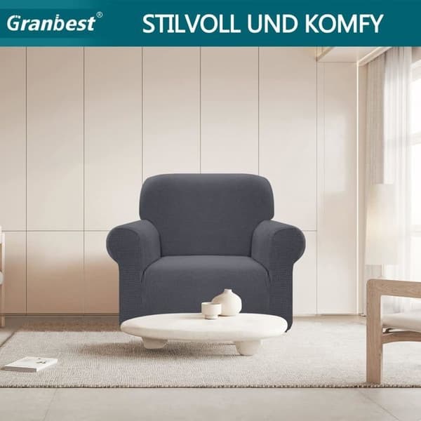 Vandtæt stretch-sofabetræk i elastisk jacquard og elastan med skridsikker skumpolstring (1-personers, grå)