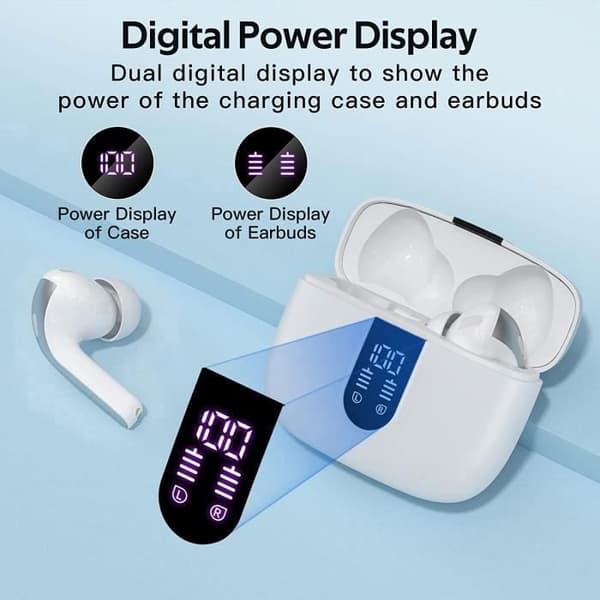 (Hvite) Trådløse ørepropper - Bluetooth - 60 timer - LED-skjerm - IPX5 vanntett - In-ear