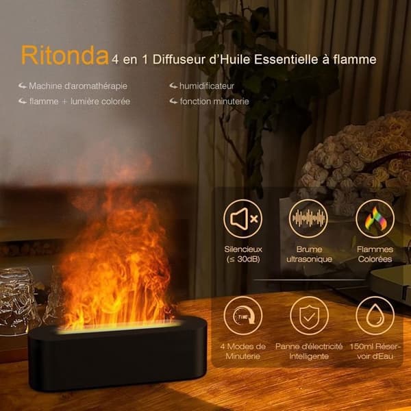 (Sort) Essentiel oliediffuser - Aroma diffuser med 7 farveskiftende flammer - 150 ml mini ultralydsfugter