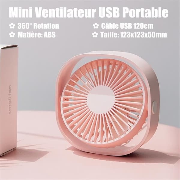 Mini bärbar USB-fläkt 360° rotation - kylande luftkonditionering för kontor, sovrum, sommar, camping, rosa