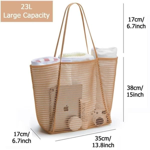 (Khaki)LECOO Mesh Beach Bag - Khaki - Stor Axelväska för Damer -
