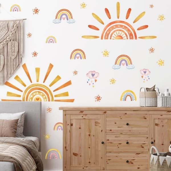 Väggdekaler (Regnbåge, Sol, Stjärnor), Väggdekaler med regnbågssol för barn, Boho-stjärnor för barnrum, barnrum
