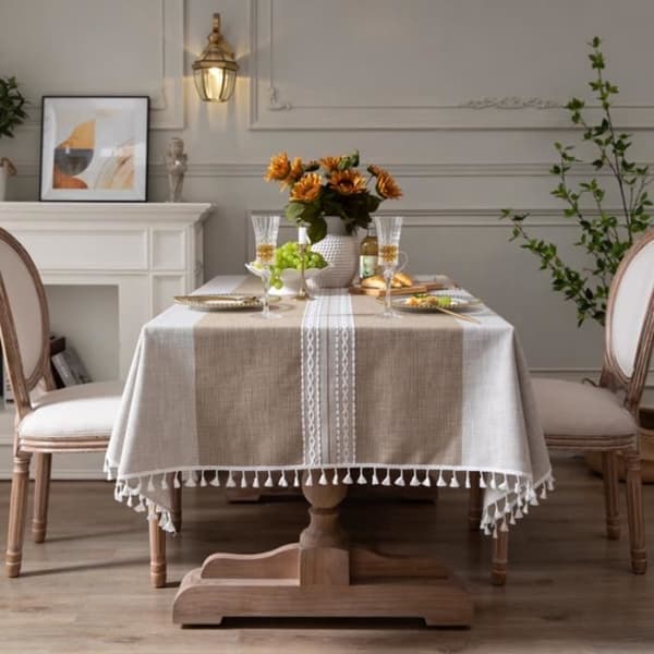 (Beige) Beige fläcktålig bordsduk i bomullslinne - Rektangulär 140x180cm - Reptålig