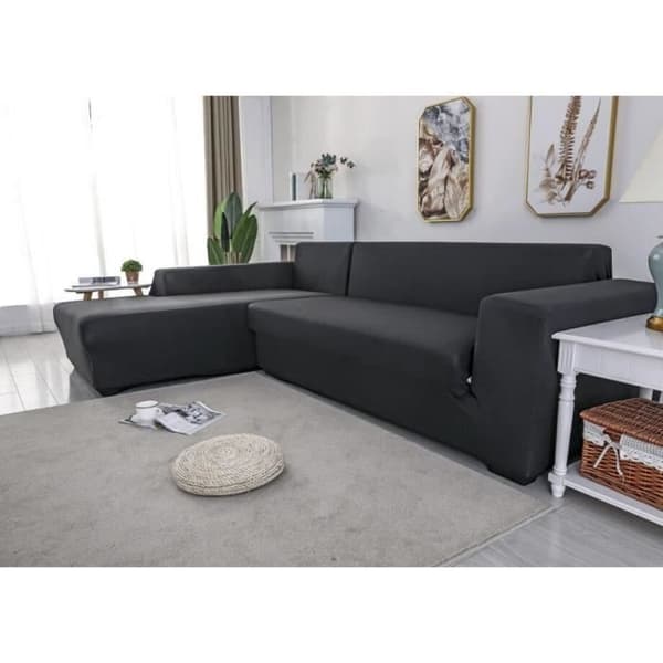 (Svart) 3+2-sits L-formad hörnsoffaöverdrag polyester elastiskt sofföverdrag för hemmöbler svart