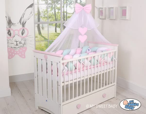 Flätat sängskydd 360 cm vit rosa mintgrön