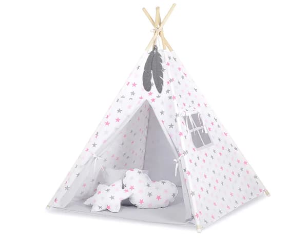 Tipi Tält för Barn Grå Rosa Stjärnor med Matta
