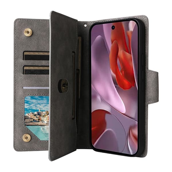 Google Pixel 10a Fodral Med Kortfack Läder Grå