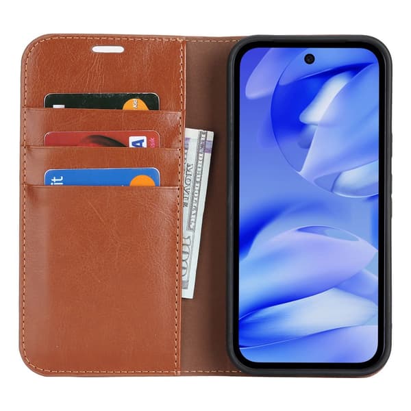 Google Pixel 10a Fodral Flip Äkta Läder Brun