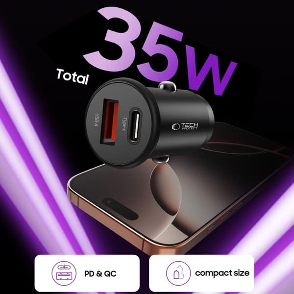Tech-Protect 35W PD QC USB-C / USB-A Billddare Svart