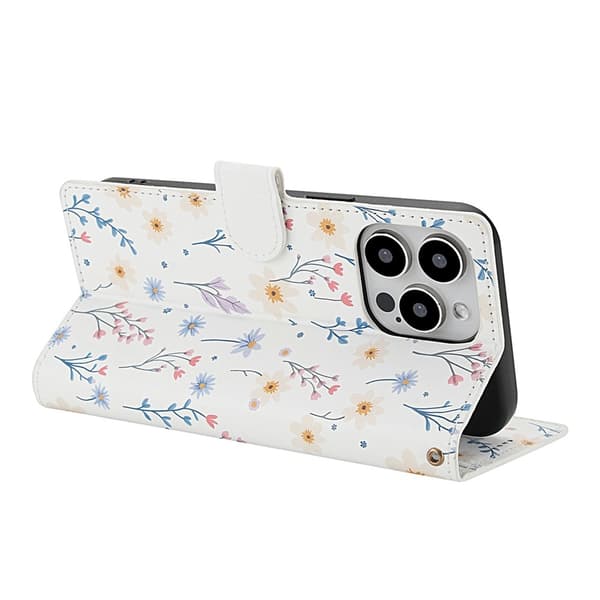 iPhone 16 Pro Max Fodral Rhombus Läder Blommor Vit