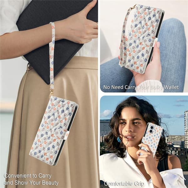 iPhone 16 Fodral Rhombus Läder Blommor Vit