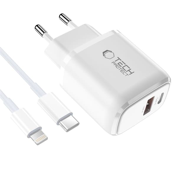 Tech-Protect 30W Väggladdare PD Inkl. Lightning - USB-C Kabel Vit