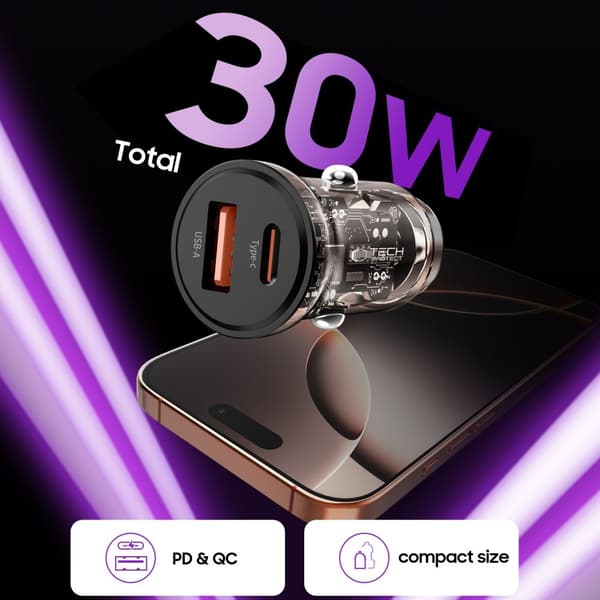 Tech-Protect 30W PD QC Billaddare USB-C / USB-A Svart