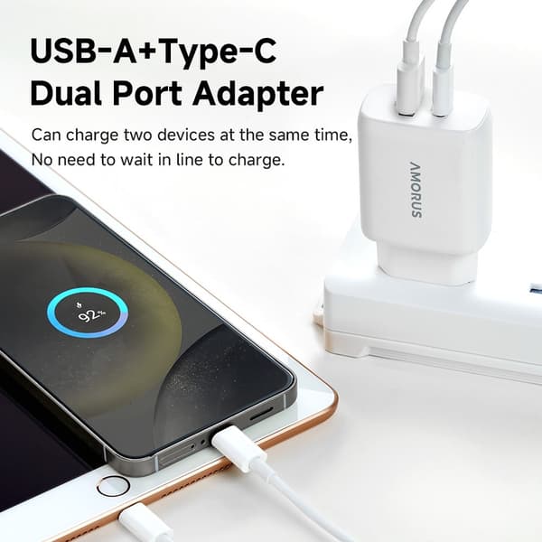 Amorus 30W GaN PD QC USB-C / USB-A Väggladdare Vit